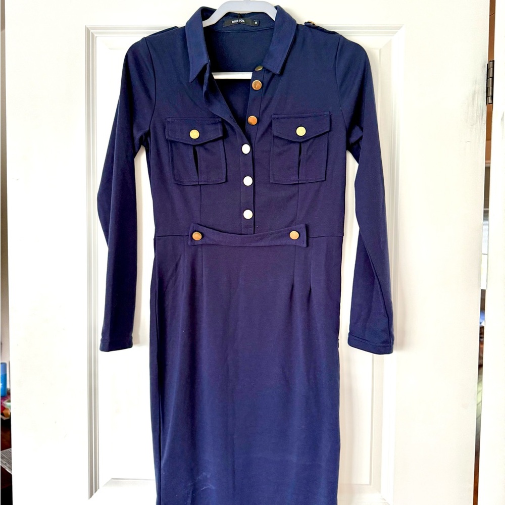 Miusol Dark Blue Long Sleeve Dress with Gold Buttons